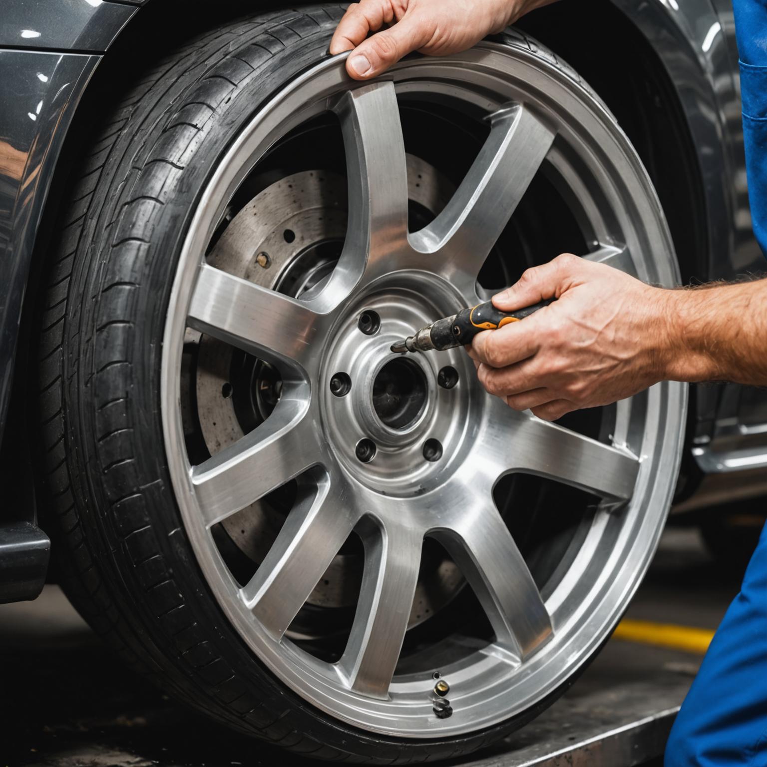 Close-up of alloy wheel being repaired